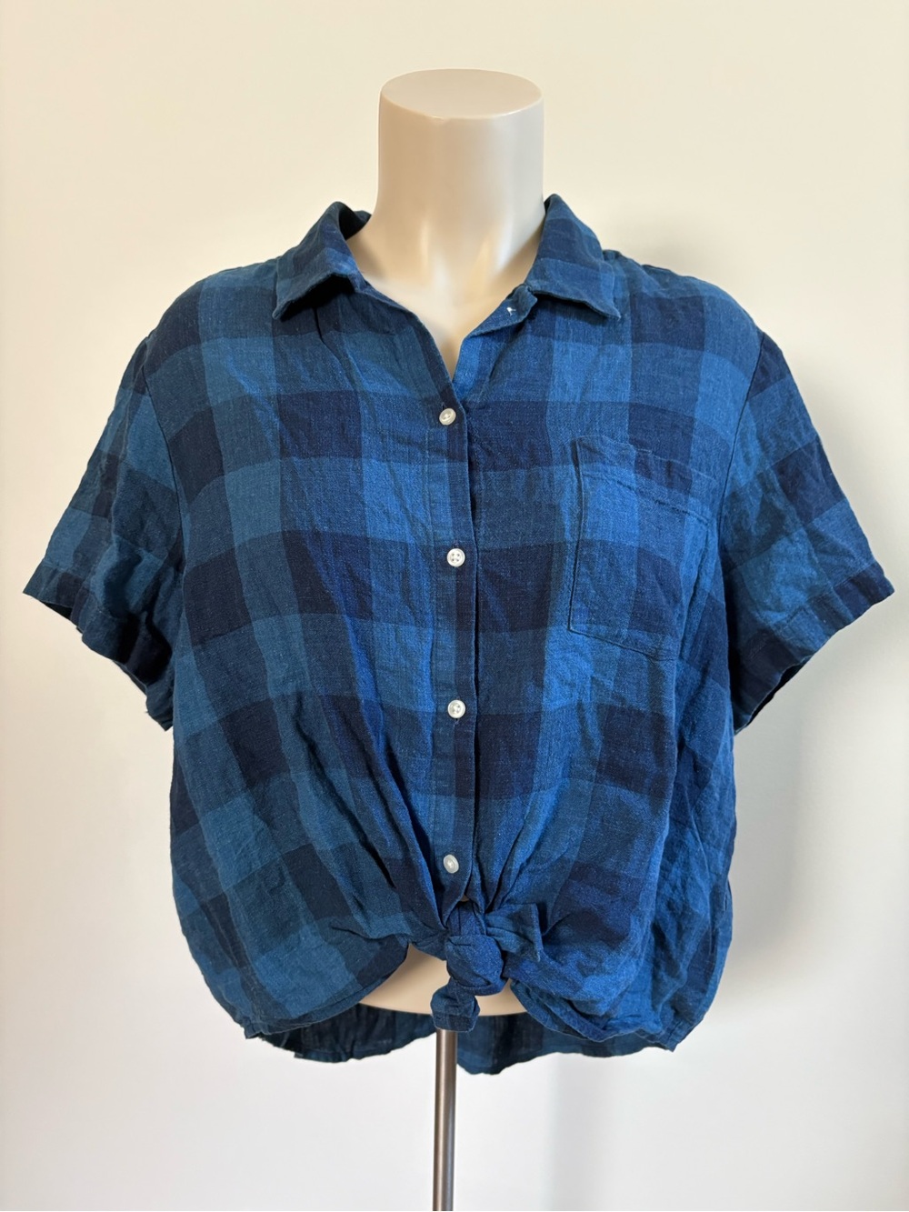 Lucky Brand Blue Plaid Tie-Front Crop Shirt Linen Blend Size XL